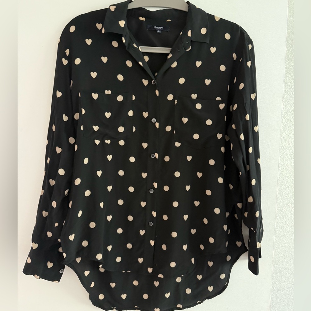 Madewell Black Heart and Polka Dot Print Silk Button Down Shirt